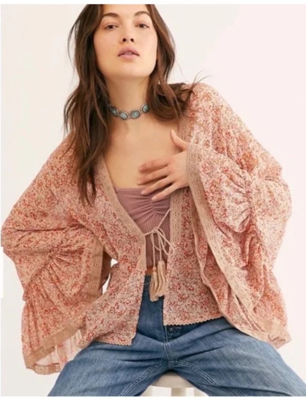 Free People Lola Kimono Lace Sheer Foral Top